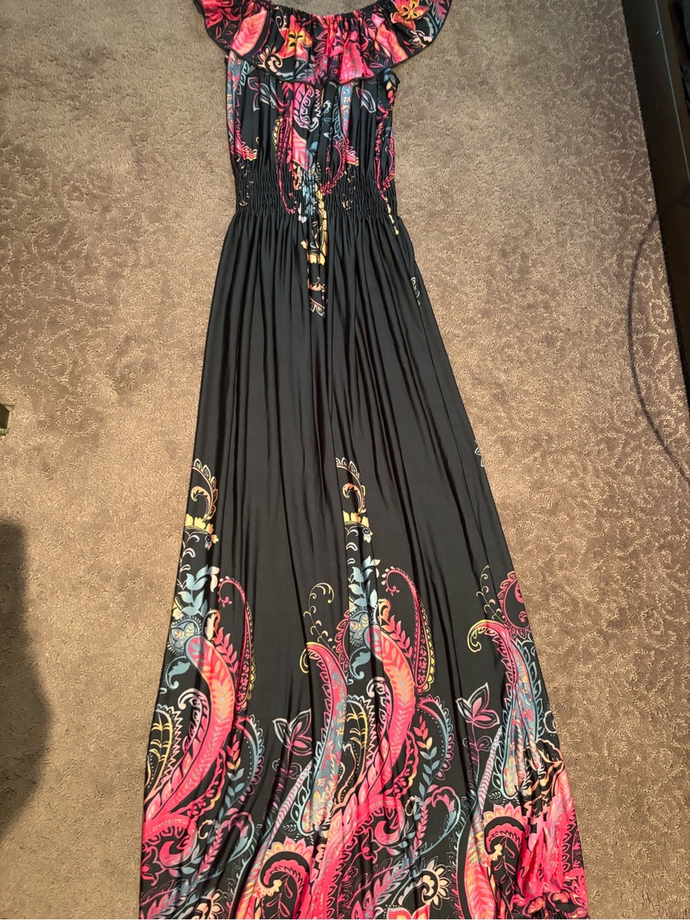 Black Floral Off-Shoulder Maxi Dress with Pink Accents